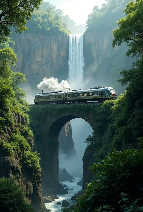 train passing horizontally through the jungle and waterfall