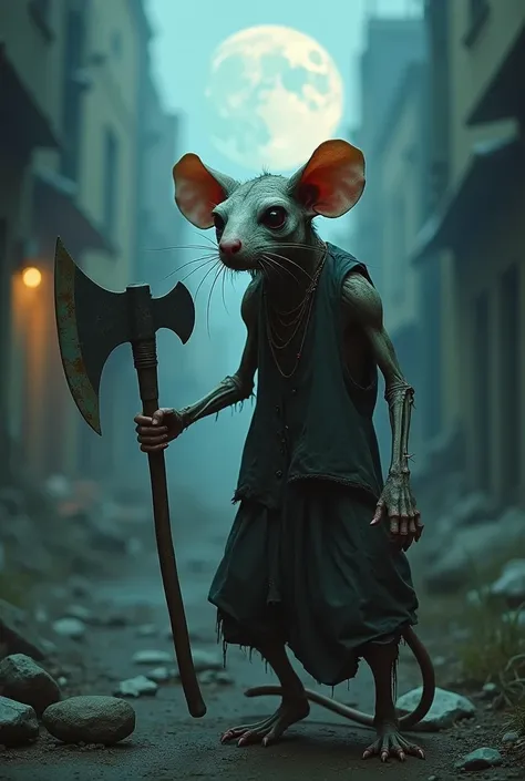 (Ultra detailed), a chilling full-size portrait of a decaying anthro rat, zombie, holding an aged, rusted axe, ((corpse-like ski...