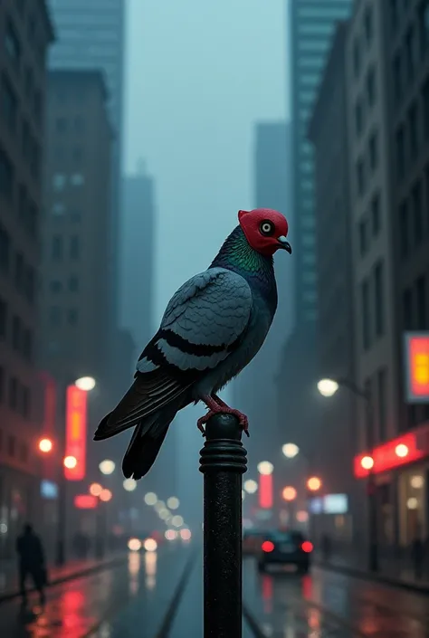 Create an image of a pigeon wearing a Deadpool mask in a dark city