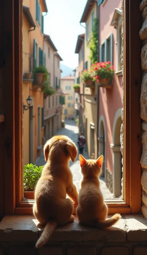 masterpiece,best composition,photo realistic,old italian house,puppy and kitten sitting on window sill looking out,cute back,cut...