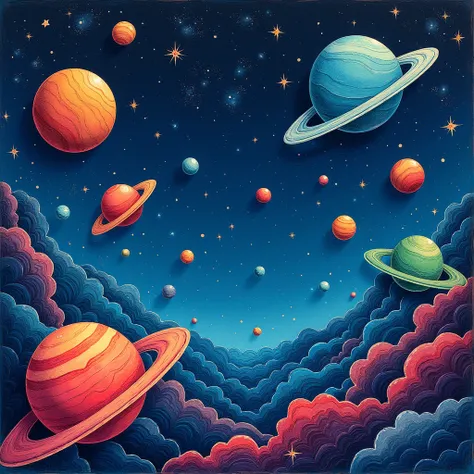 i need a cardboard space with stars in a style with some planets that seem to be very long, in the style