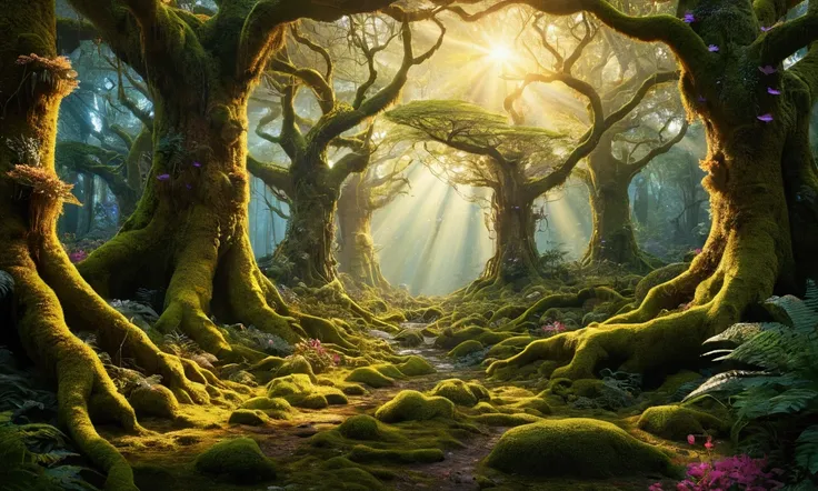 enchanted forest at dawn:
a magical forest at dawn, with giant trees covered in glowing moss, luminescent flowers and mystical c...