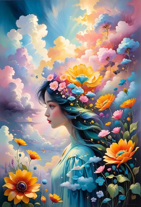 (((stylistically diverse))), detailed scenes, quirky twist, unique visuals, clouds, and flowers, abstract, surreal âpainted li...