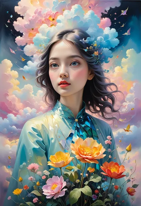 (((stylistically diverse))), detailed scenes, quirky twist, unique visuals, clouds, and flowers, abstract, surreal âpainted li...