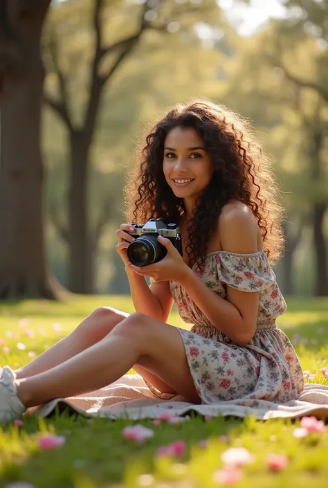 a brunette girl with curly hair and big breasts sits with her legs stretched out, taking a realistic photo