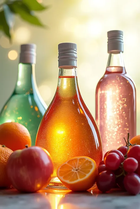 a colorful still life with three pastel-colored bottles filled with liquid, surrounded by various types of fruits emitting an ar...