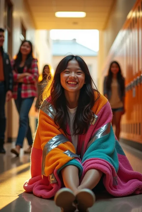 Create a girl named Huynh in high school, wrapped in blanket and duct tape by friends