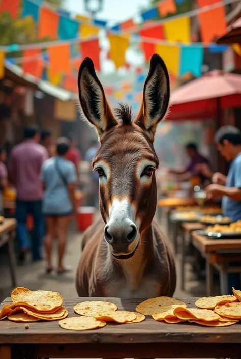 Create an image, of a donkey with a very big head The bigger the head The donkey has to be in a place where they sell Mexican sn...