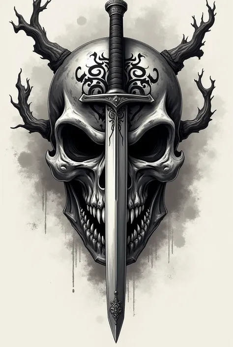 Samurai sword with skull Black and white tattoo 