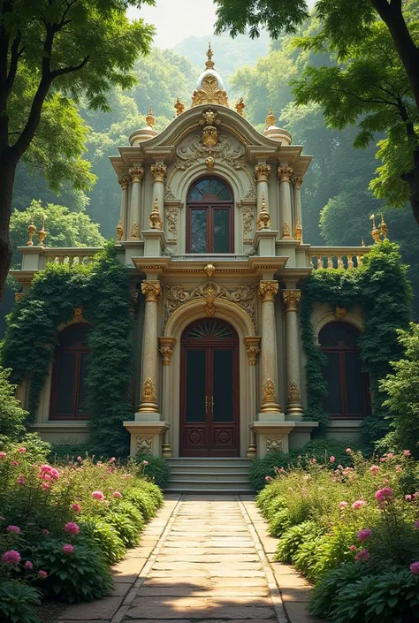 a luxurious and beautiful palace located in the forest filled with natural beauty