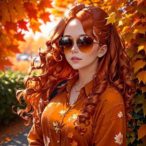 a woman with sunglasses and a floral shirt posing for a picture, orange and brown leaves for hair, 🍂 cute, wearing orange sungla...