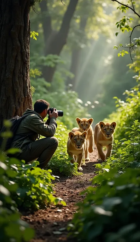 a photographer is capturing a photo of a group of lion cubs  in the jungle. the scene is set in a lush, dense forest with toweri...