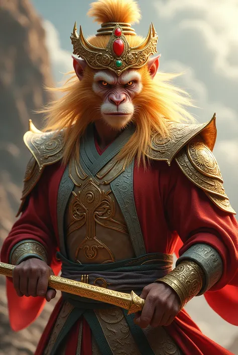 (photorealism:1.2),  a hyper-realistic depiction of sun wukong, the monkey king, showcasing intricate details. his golden fur is...