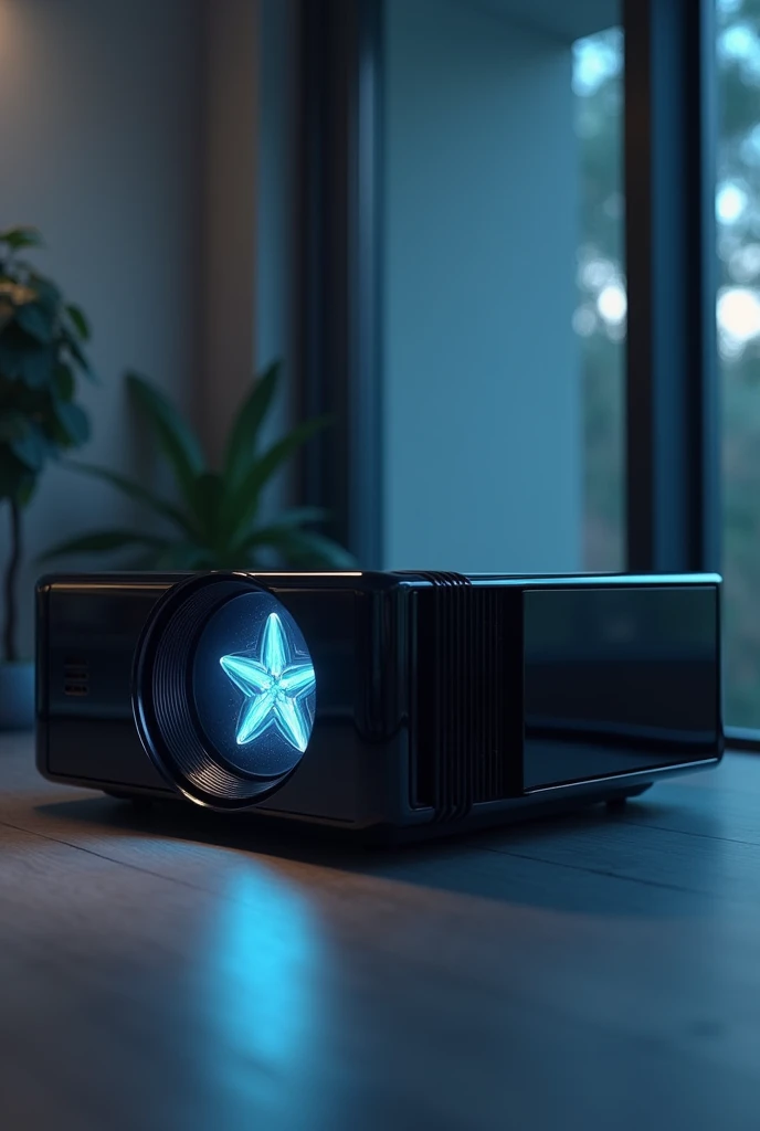 A black projector with a star-shaped glass lens that transmits movies, realistic and modern if