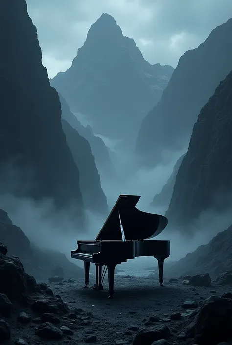 piano seen on keys with dark mountain background