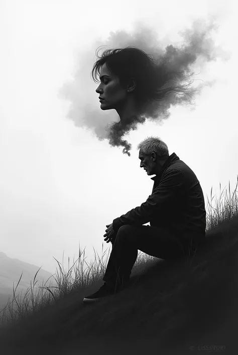 create a black and white painting depicting a sad man sitting at the edge of a hill remembering his mother in his thoughts (also...