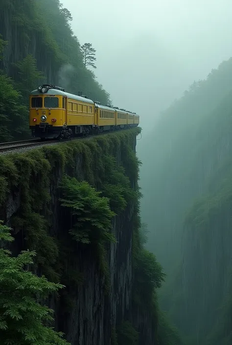 a yellow coloured passenger train standing on the edge of a mountain leaning towards a valley overall theme is of a forest and g...