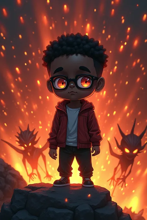 make a very short black guy with glasses 1,45. make him have a weird background that catches fire with bizarre creatures behind ...