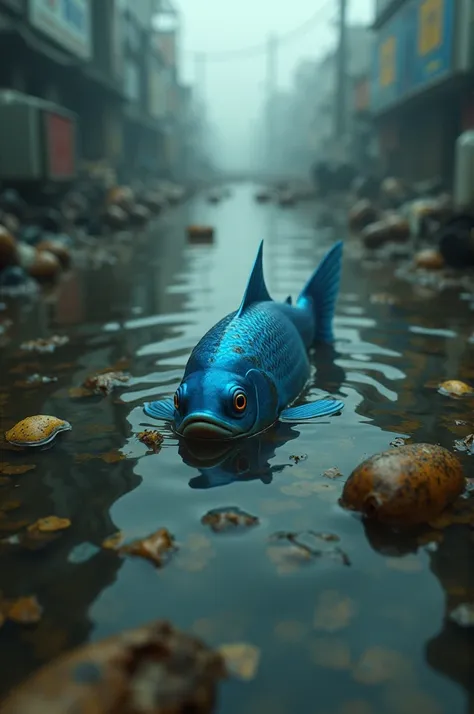 Create an image of a sad little blue fish with the polluted river 