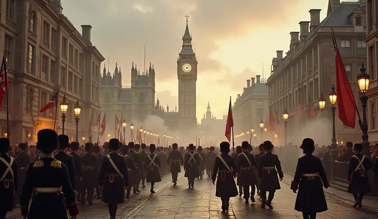 1802 city of london in chaos; soldiers marching in the streets