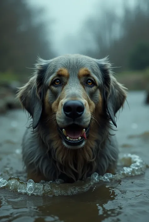 A dog in flood dying, sad heartbroken situation