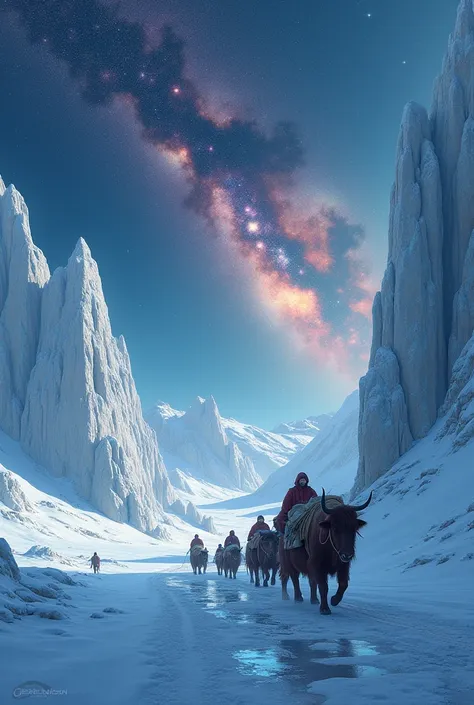 a great ice desert and a line of people with yaks and a galaxy