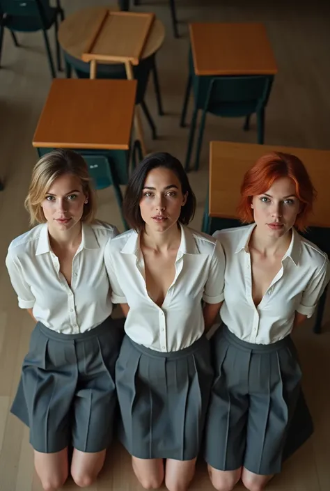 realistic photo from above of three slim pretty 1 caucasian women, kneeling in a british classroom. one woman has short light-br...