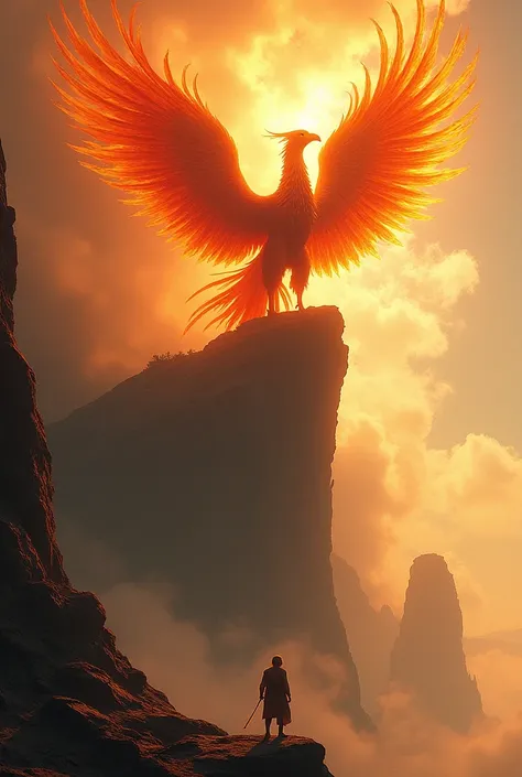 a super massive colossal phoenix standing at the top of a cliff, a man looks up to the phoenix, phoenix is illuminating brightly...