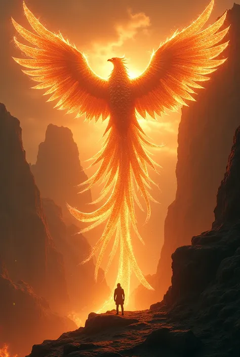 a super massive colossal phoenix standing at the top of a cliff, a man looks up to the phoenix, phoenix is illuminating brightly...