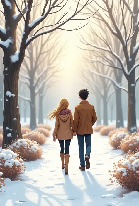 A cute couple a blonde girl with a tall dark boy are walking through a park in the snow