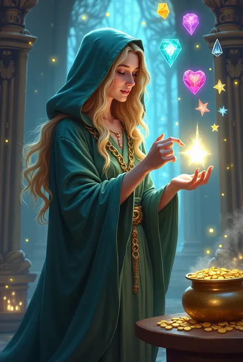 a beautiful witch with blonde hair in a hooded robe with a magic wand with a white stone in her hand and a golden cauldron full ...