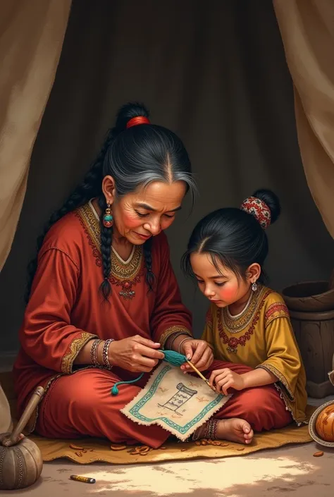 indigenous grandmother in skirt knitting and talking with her indigenous granddaughter in skirt drawing