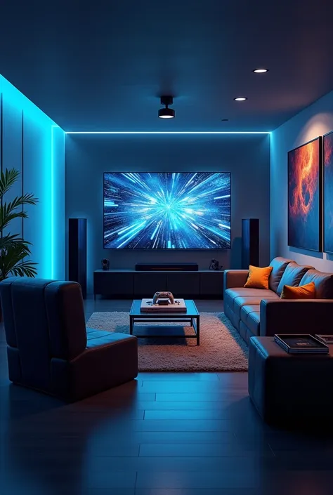 Create a gamer room with a sofa, armchair, 4k TV and place a video game and everything modern.