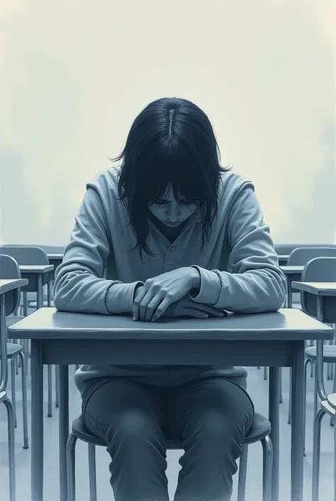 Drawing of a student with depression is alone at a desk in the classroom. 