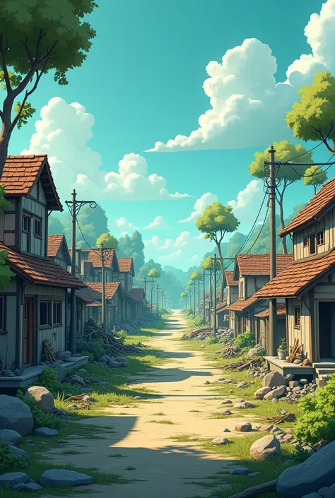 3d cartoon animation style.aftermath of the storm: the village in the aftermath of the storm, with a focus on the barren landsca...