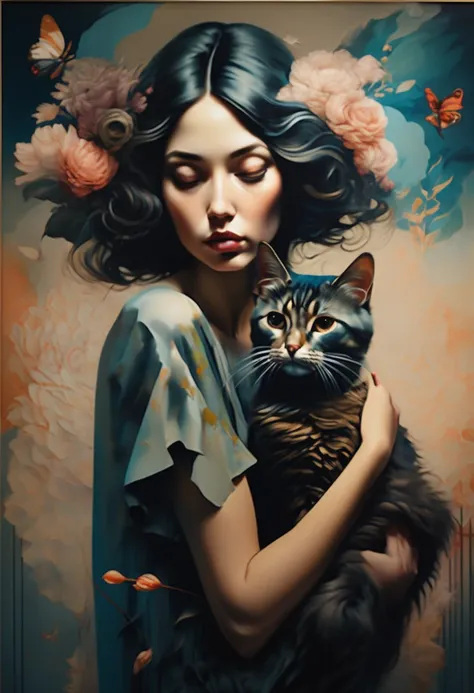 (sensual illustration chiaroscuro), illustration art, by irina kapi. surrealism, vintage abstraction, woman holding a cat、(笑顔の女性...