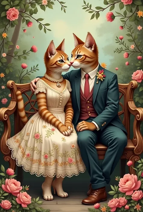 a couple in love , mother cat in a knitted lace dress decorated with flowers and ribbons and father cat in a formal suit sit on ...