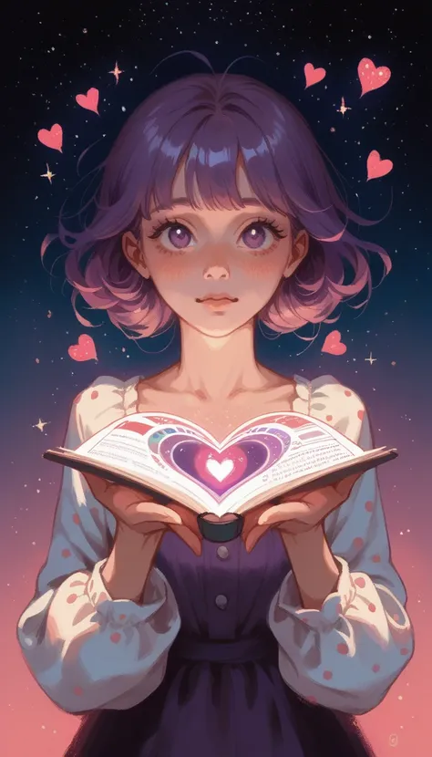 a dreamy, magical scene with sparkling effects and floating hearts swirling around the screen. the background is a twilight sky ...