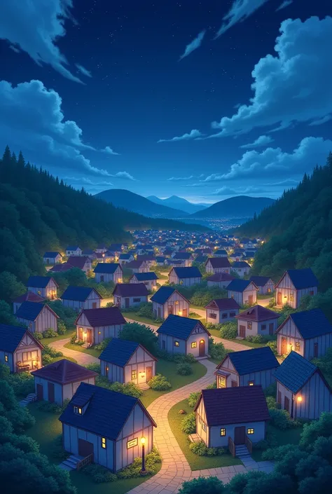 a beautiful city at night time with tiny houses with light bulb glowing anime style