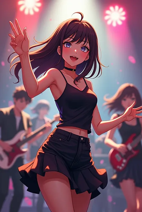 a medium shot of an anime girl leading the practice while the rest of the band follows her.. there is a strong focus on miyu&#39...