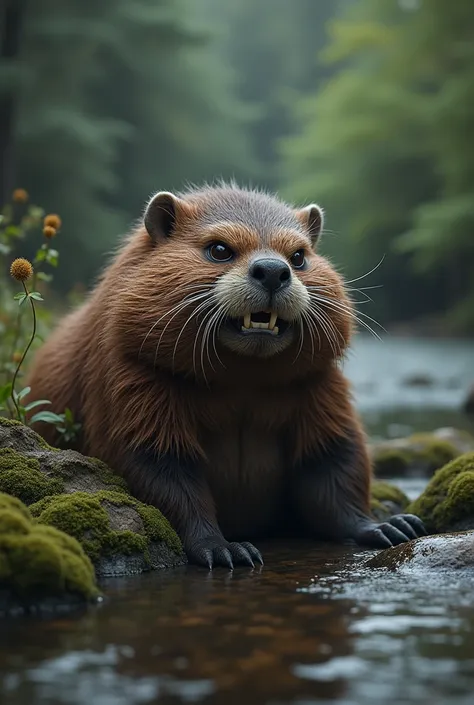 Angry beaver lying down 