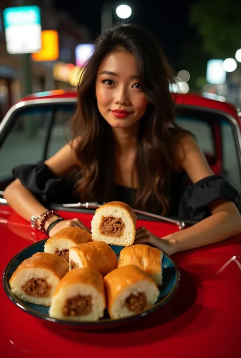 advertising photography, beautiful brunette girl with long hair of european appearance, in a red car, transports huge delicious ...