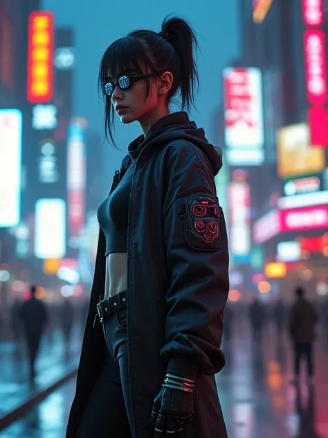 3000 years、夜のcyber punkの近未来都市、a female samurai with a cyborg half-body、cyber punk、(((mirror goggles embedded in the face)))、can&...