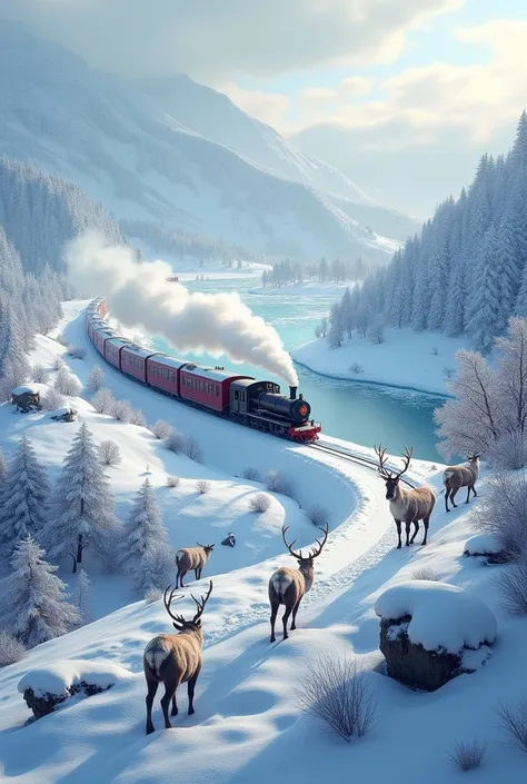 train in snowy hills and icy lake with reindeers