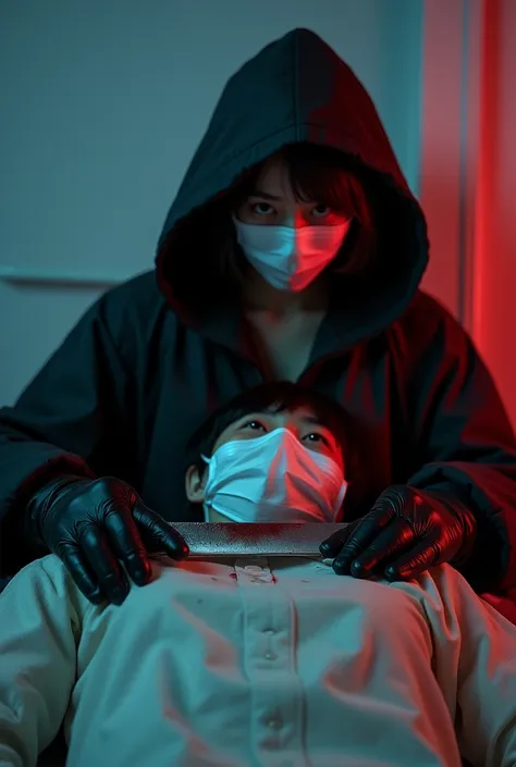 korean girl, (behind stiff, holding knife), surgical mask, black leather gloves, bath room, black raincoat, hood up, holding kni...