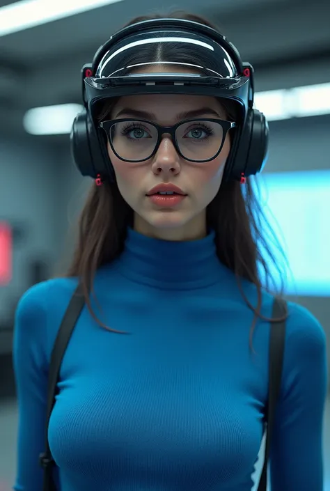 realistic full body woman with blue sweater and thin safety black glasses cyberpunk visor with futuristic design