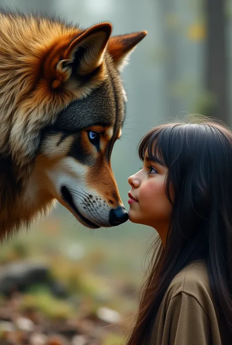 large wolf, blue eyes, brown fur, looking face to face with a young girl , en cuncillas, brown skin, latina, long straight hair ...