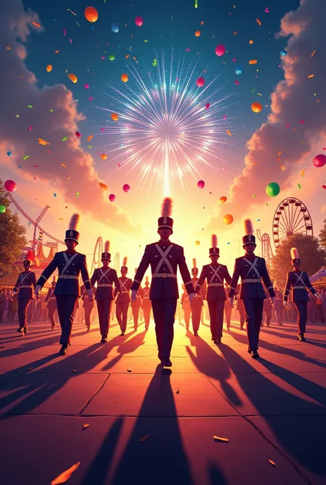 create a marching band event flyer with a fair in the background with fireworks and confetti