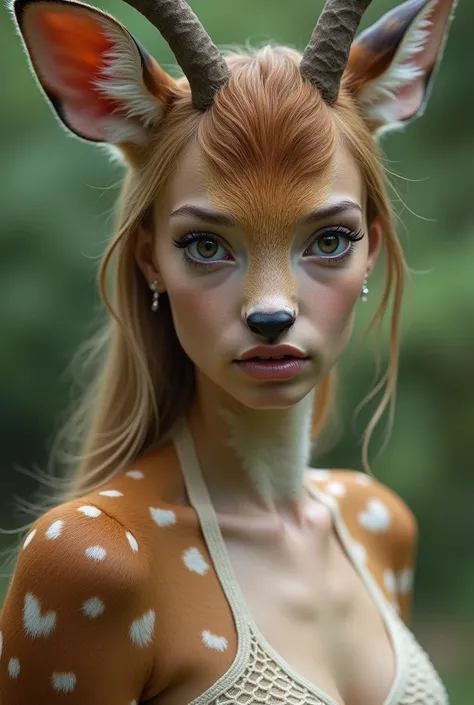 one girl, fawn ears, , pure, cute naked, topless, a Woman fawn mix, human Body, big tits, furry and skin, fawn nose but the Rest...