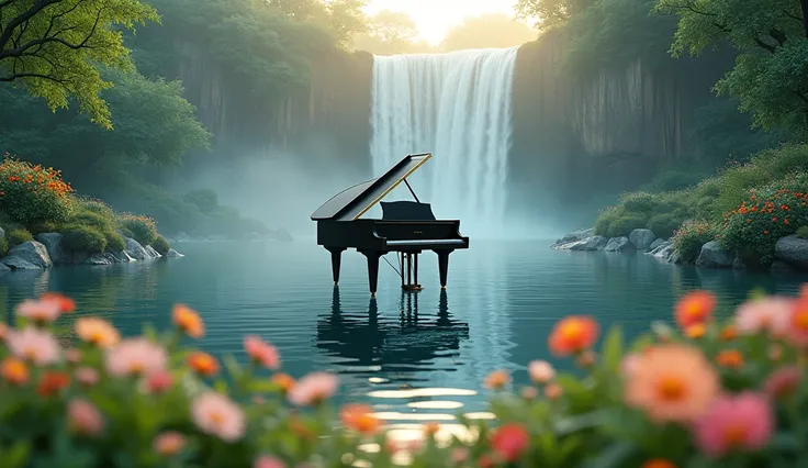 this image is、i draw tranquil natural scenery.。in the center is a grand piano placed on the water surface.、a waterfall cascades ...